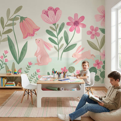 Floral Wallpaper Rabbits Pink Wall Mural