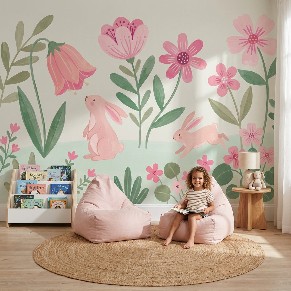 Floral Wallpaper Rabbits Pink Wall Mural