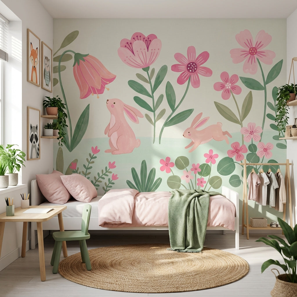 Floral Wallpaper Rabbits Pink Wall Mural