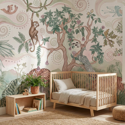 Pastel Tiger Garden Nursery Wall Mural with Peacock