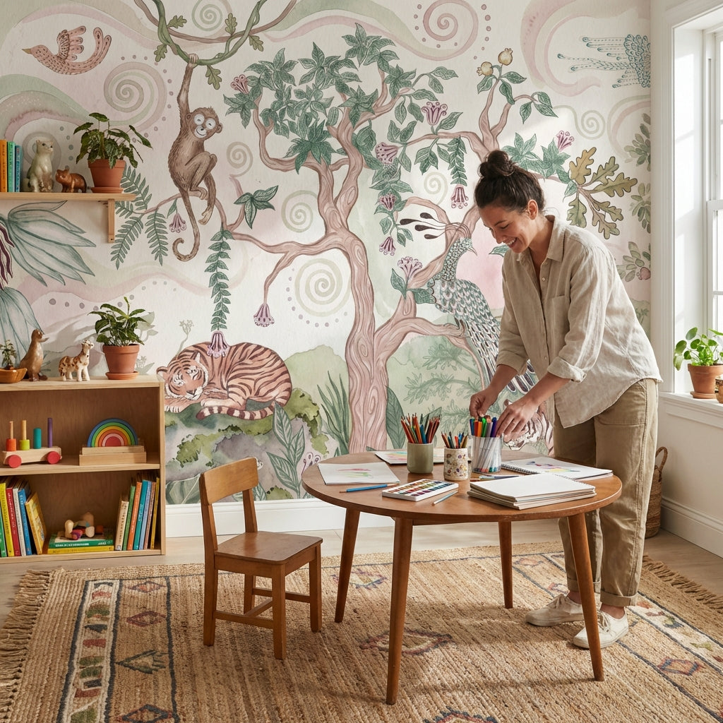 Pastel Tiger Garden Nursery Wall Mural with Peacock