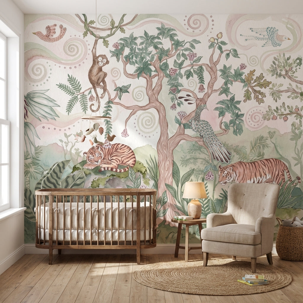 Pastel Tiger Garden Nursery Wall Mural with Peacock