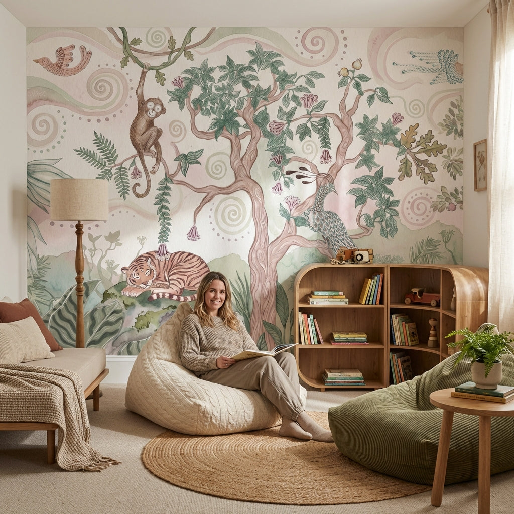 Pastel Tiger Garden Nursery Wall Mural with Peacock