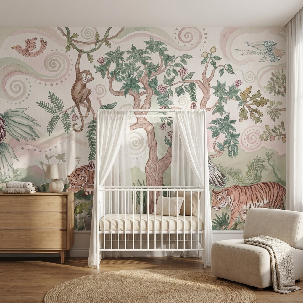 Pastel Tiger Garden Nursery Wall Mural with Peacock