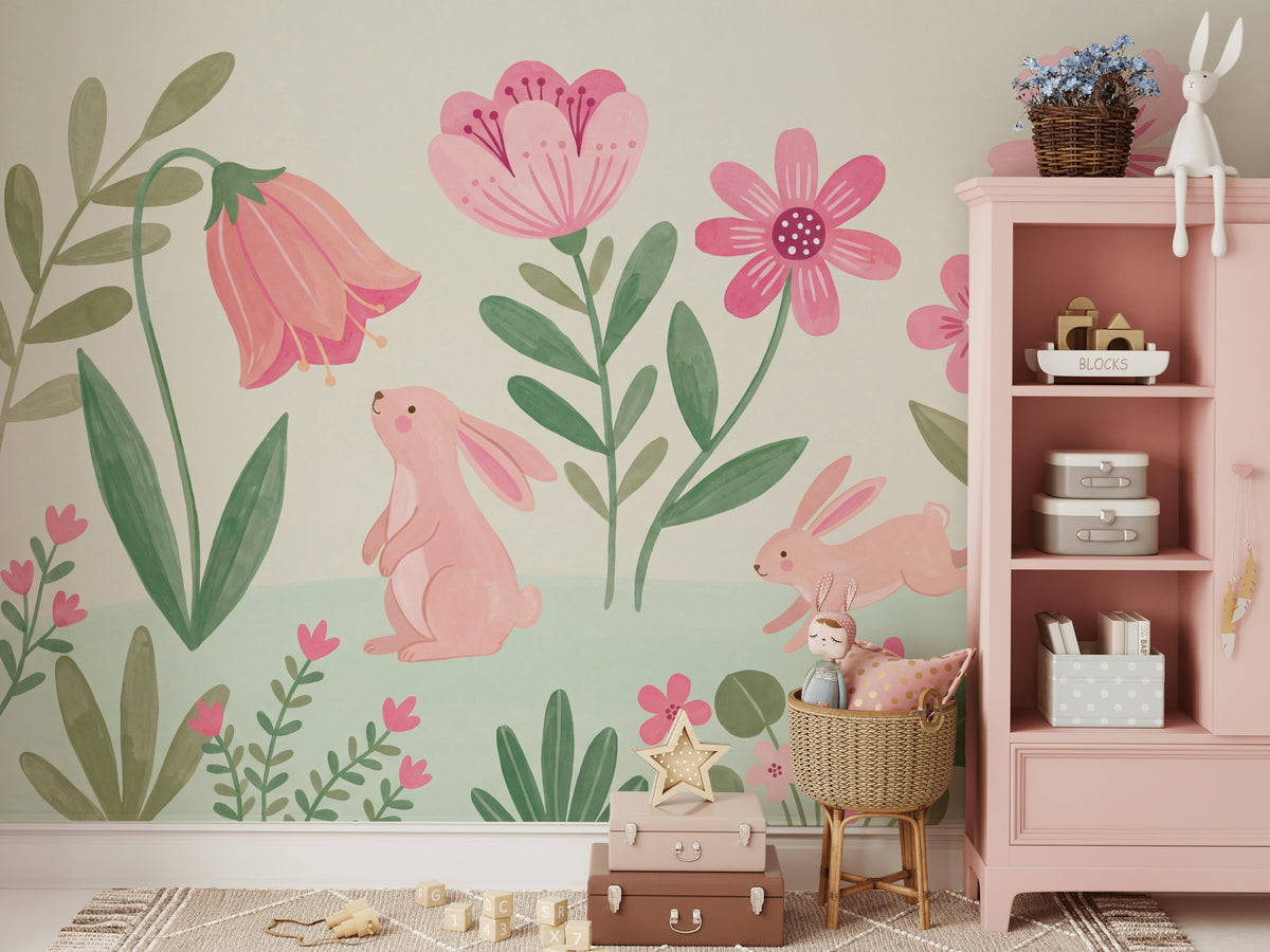 Floral Wallpaper Rabbits Pink Wall Mural