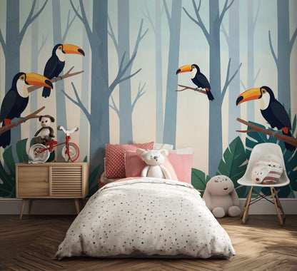 Misty Forest Wallpaper Tropical Jungle Toucan Wall Mural