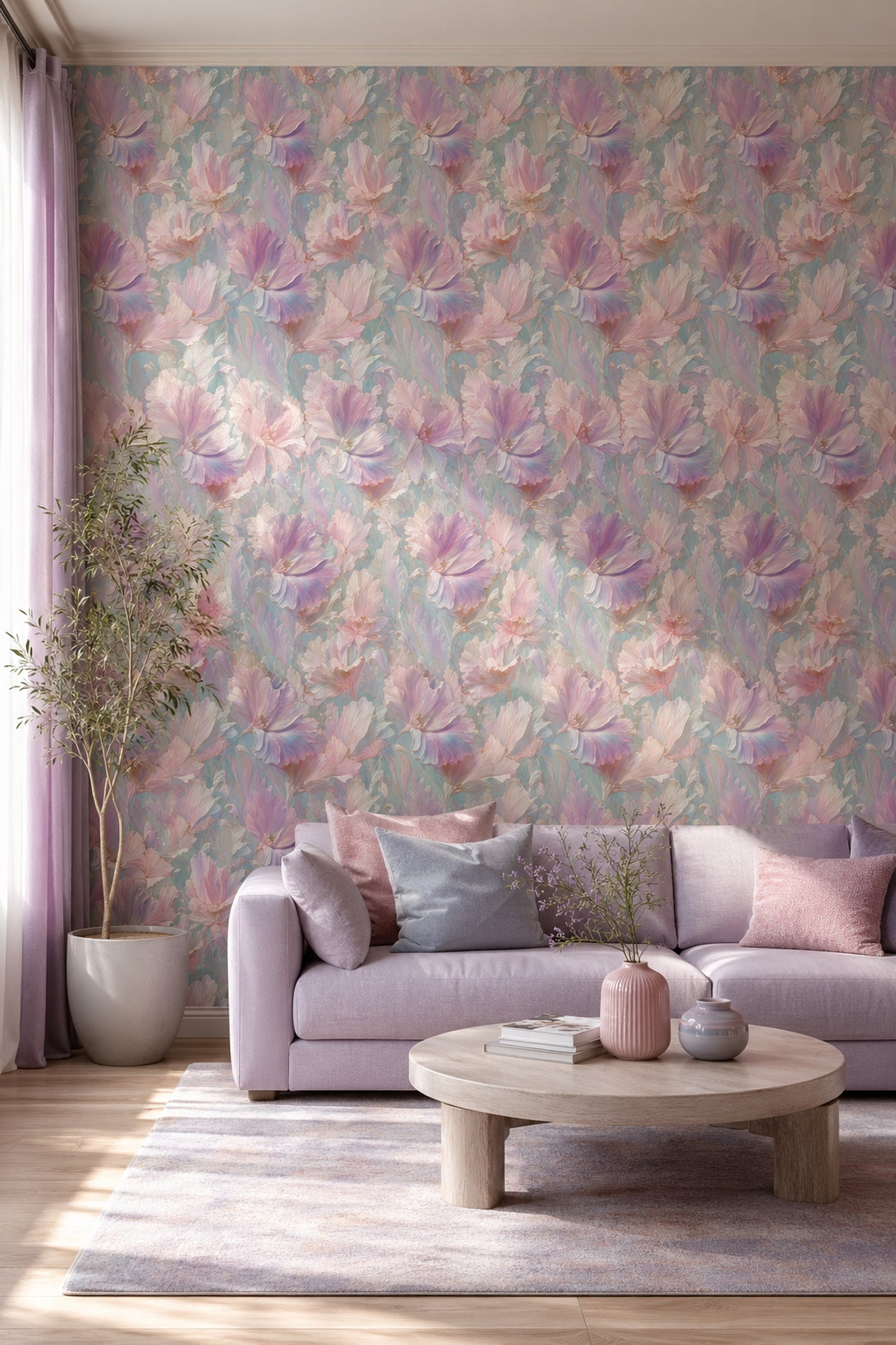 Oversized Blossoms Wallpaper Pastel Pink Lavender Petals Wall Mural