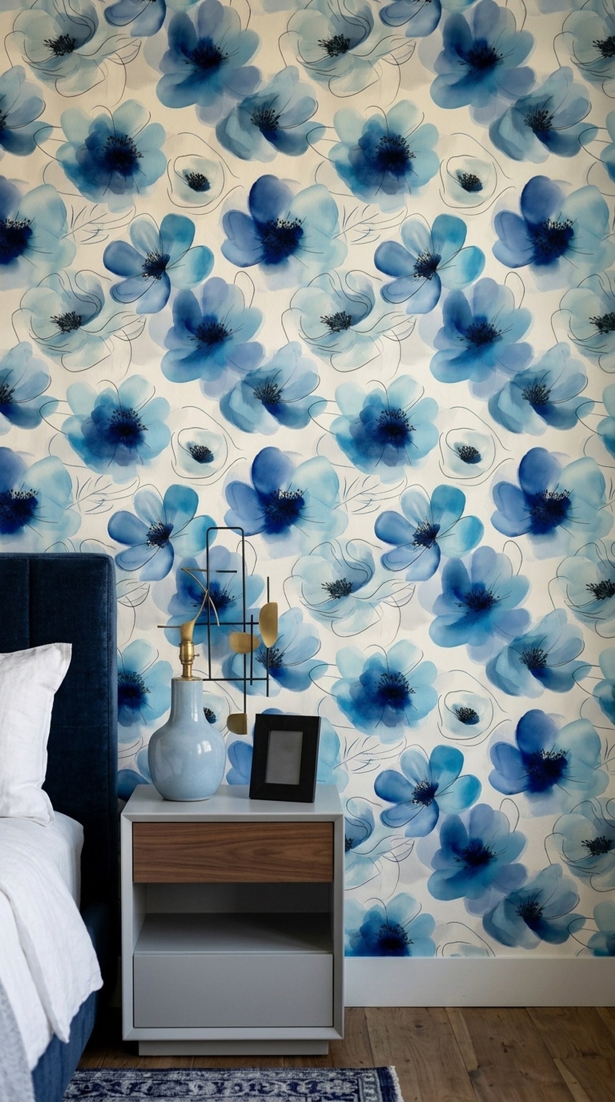 Blue Watercolor Flower Wallpaper with Fine Ink Outlines on Ivory