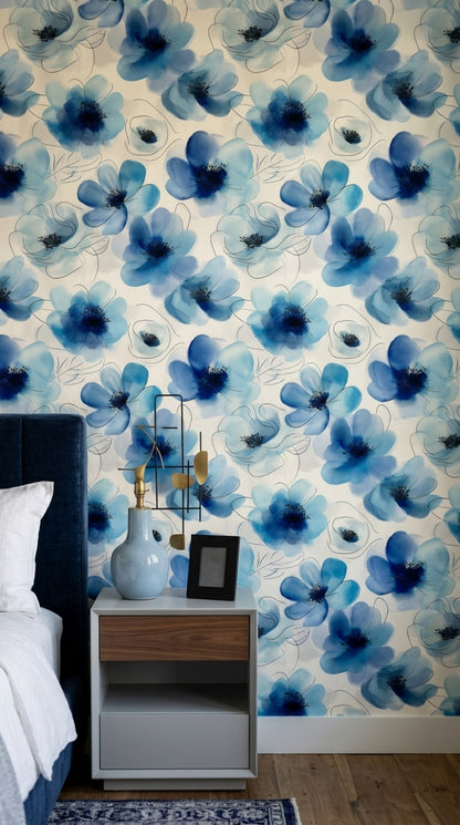 Blue Watercolor Flower Wallpaper with Fine Ink Outlines on Ivory