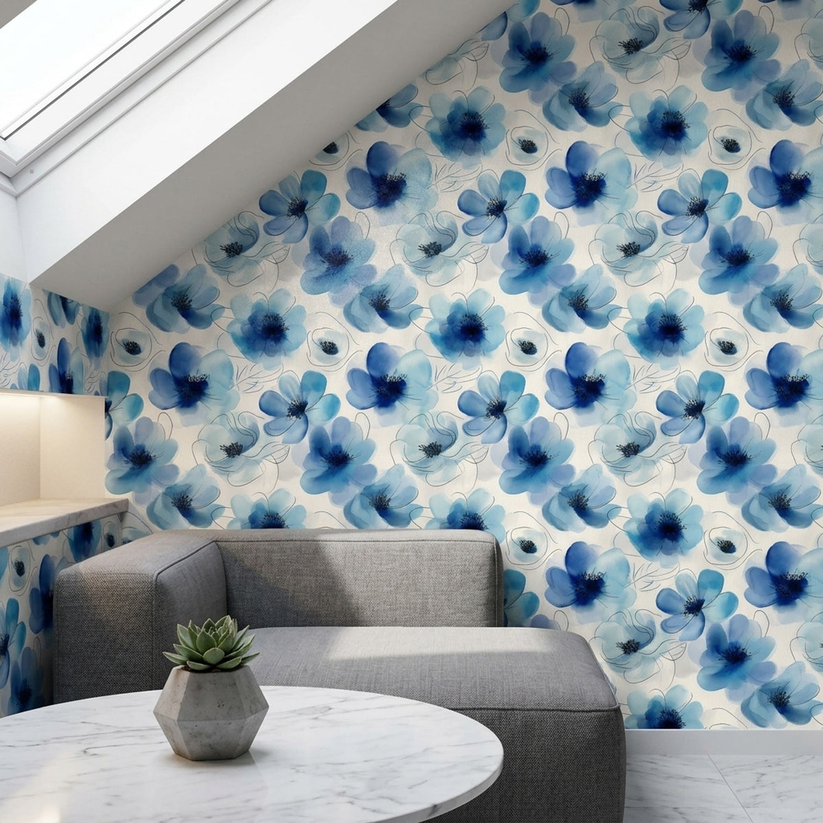 Blue Watercolor Flower Wallpaper with Fine Ink Outlines on Ivory