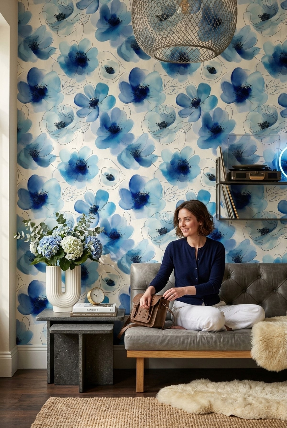 Blue Watercolor Flower Wallpaper with Fine Ink Outlines on Ivory