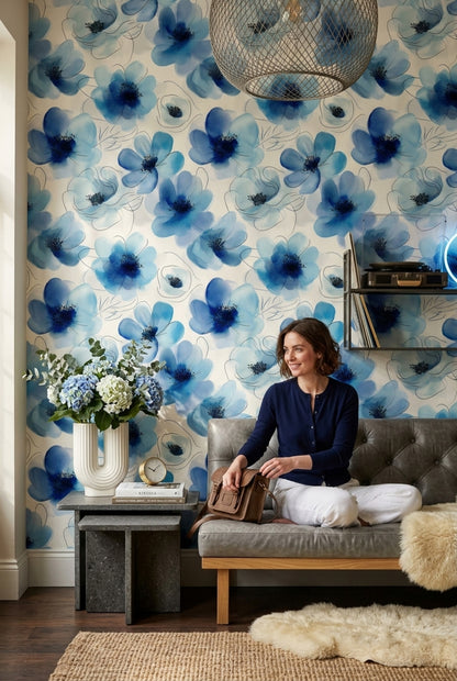 Blue Watercolor Flower Wallpaper with Fine Ink Outlines on Ivory