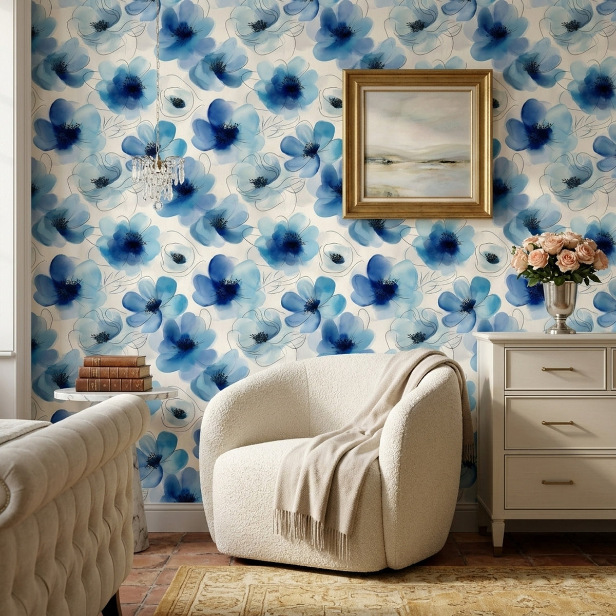 Blue Watercolor Flower Wallpaper with Fine Ink Outlines on Ivory