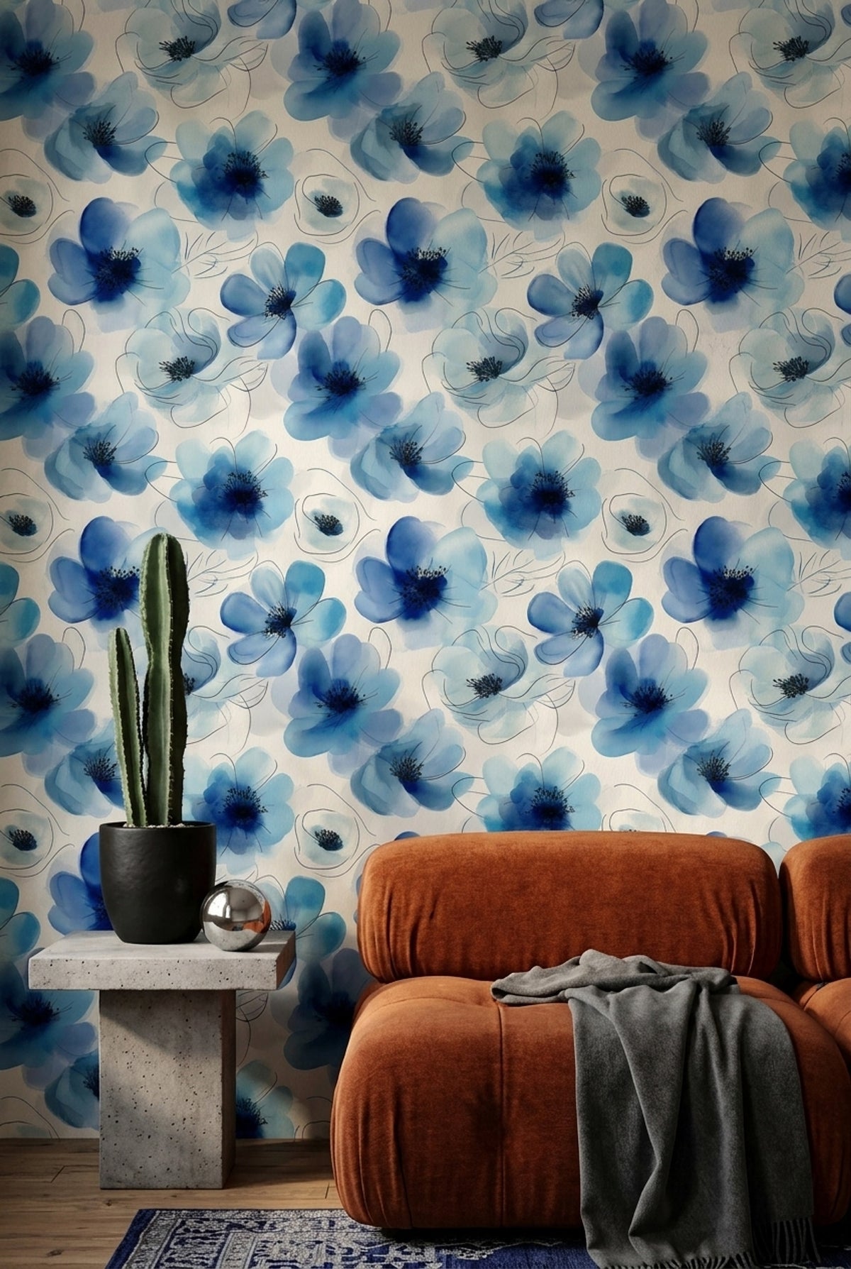 Blue Watercolor Flower Wallpaper with Fine Ink Outlines on Ivory