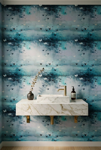 Butterfly Flight Wallpaper in Atmospheric Blue Abstract Layers