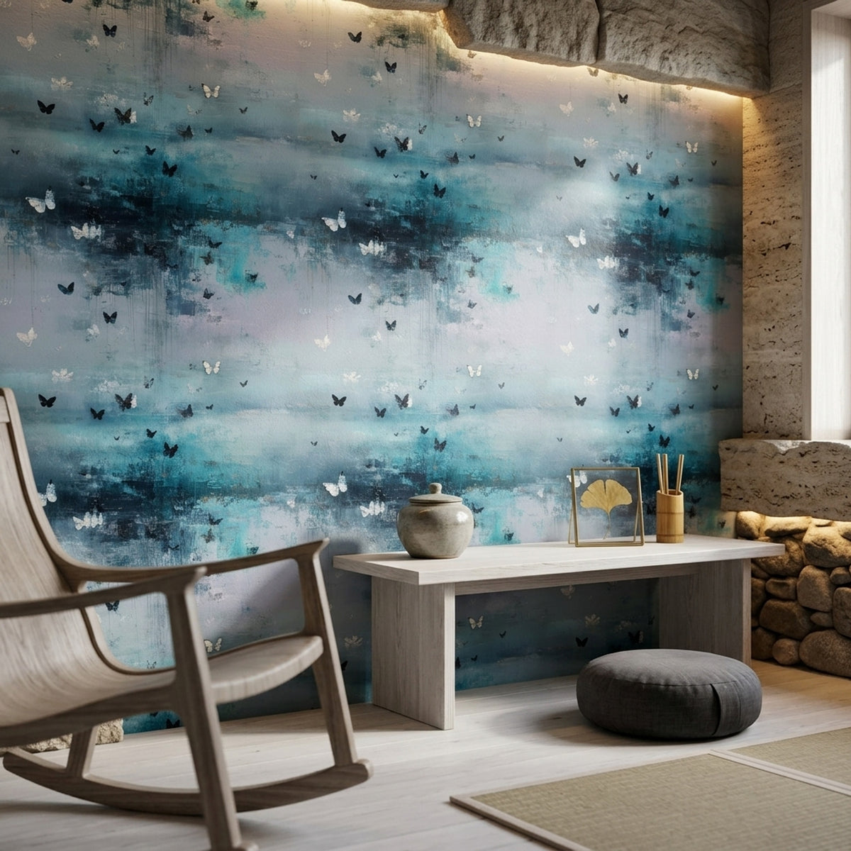 Butterfly Flight Wallpaper in Atmospheric Blue Abstract Layers