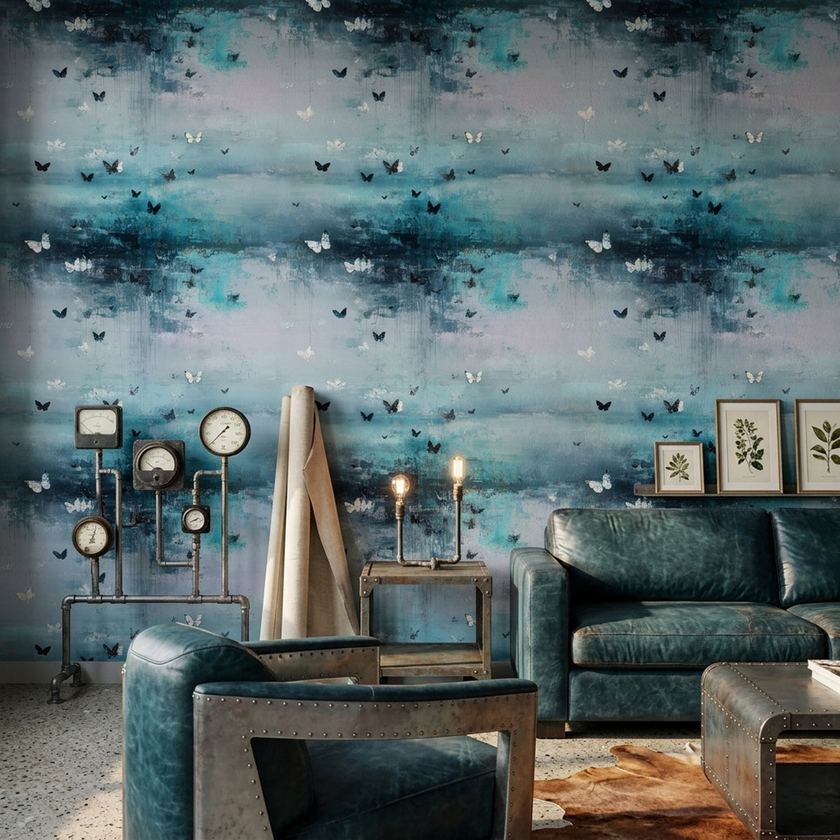 Butterfly Flight Wallpaper in Atmospheric Blue Abstract Layers