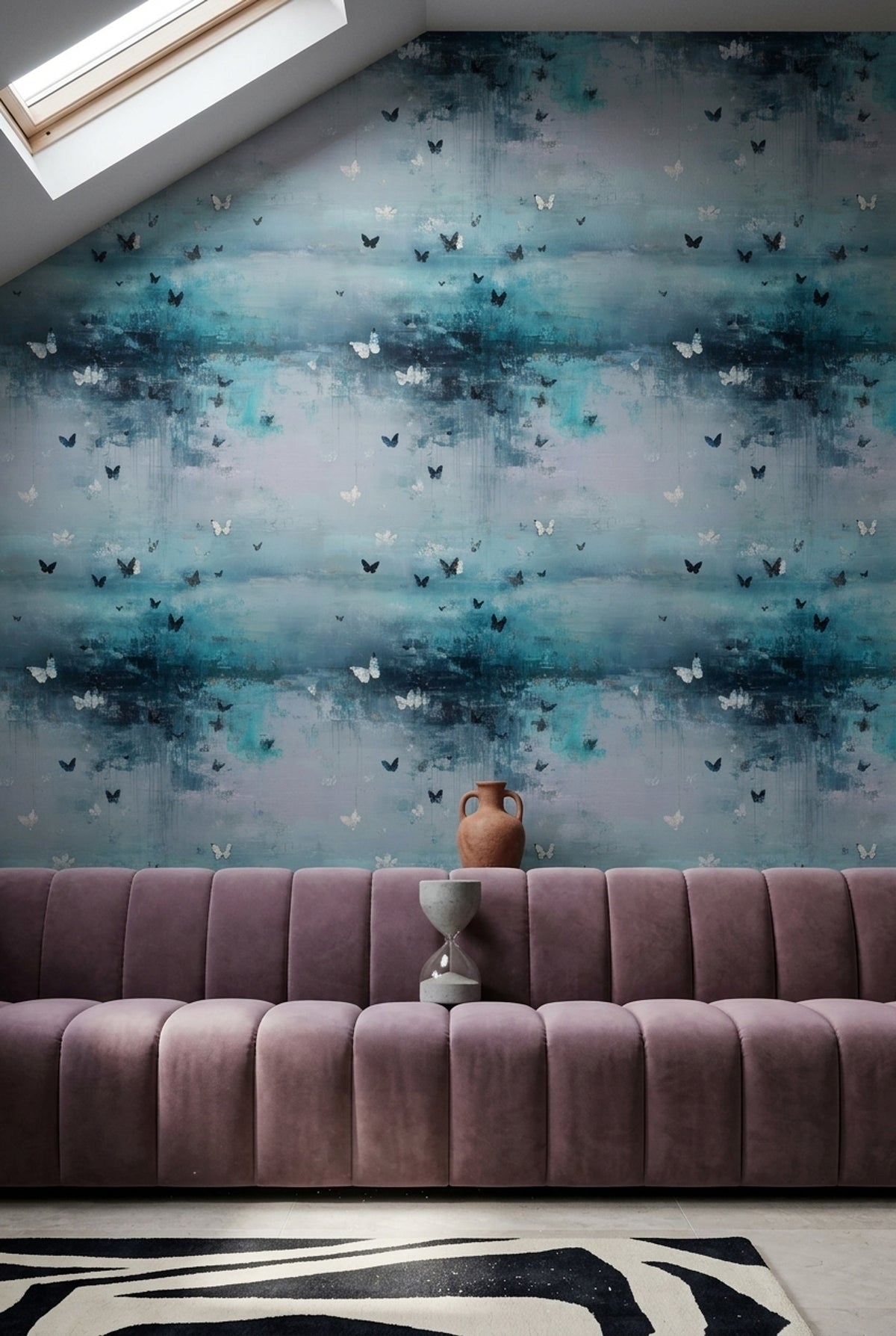 Butterfly Flight Wallpaper in Atmospheric Blue Abstract Layers
