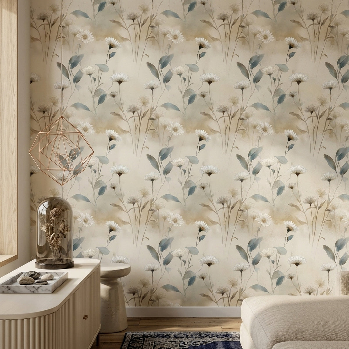 White Wildflower Wallpaper Dusty Blue Watercolor Botanical