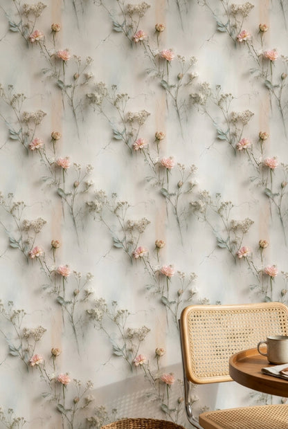 Soft Pastel Plaster Wallpaper Blush Rose Botanical Floral