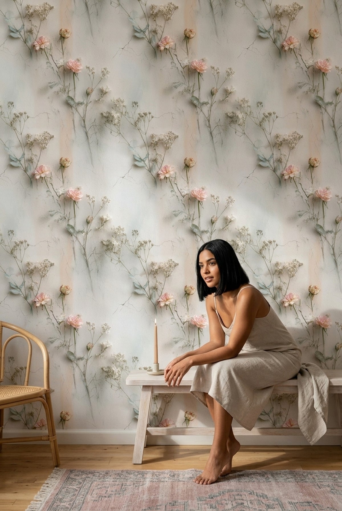 Soft Pastel Plaster Wallpaper Blush Rose Botanical Floral