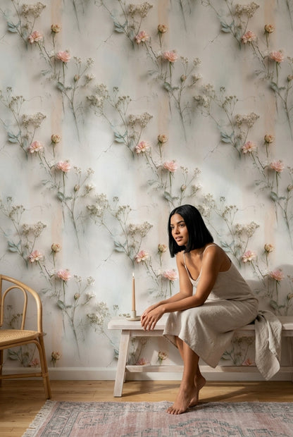 Soft Pastel Plaster Wallpaper Blush Rose Botanical Floral
