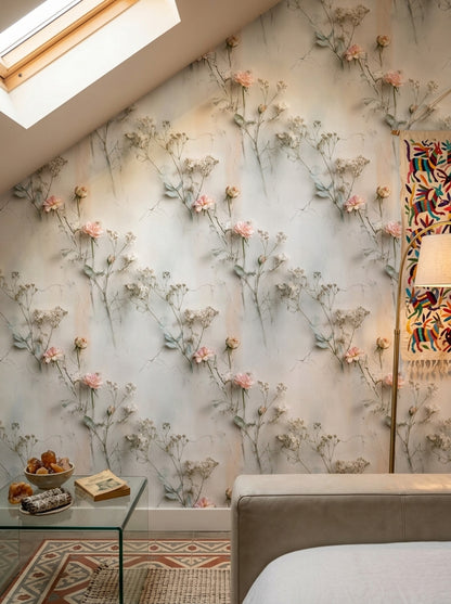 Soft Pastel Plaster Wallpaper Blush Rose Botanical Floral