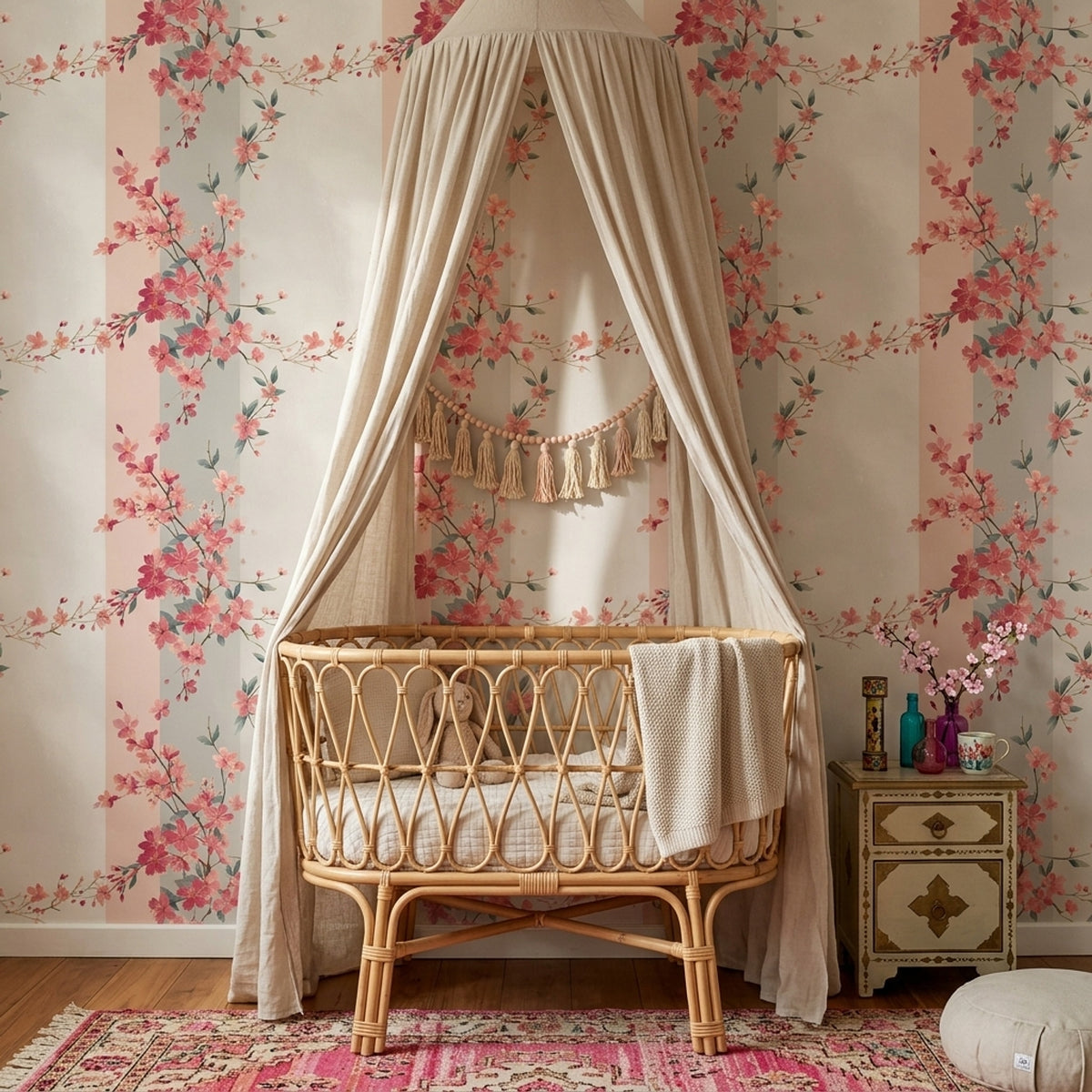 Chinoiserie Blossom Wallpaper Botanical Trellis Soft Stripe