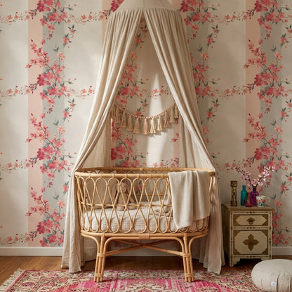 Chinoiserie Blossom Wallpaper Botanical Trellis Soft Stripe