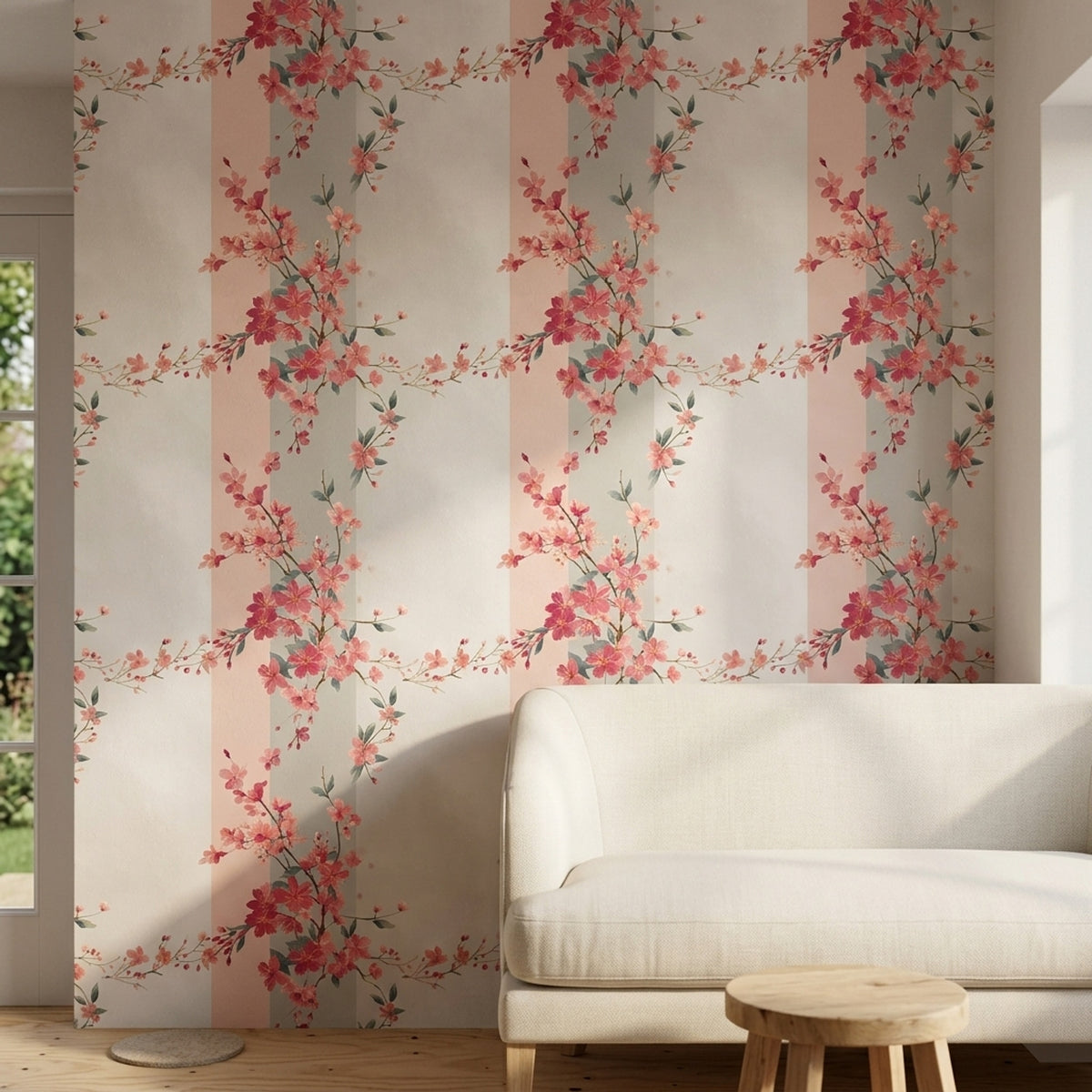 Chinoiserie Blossom Wallpaper Botanical Trellis Soft Stripe