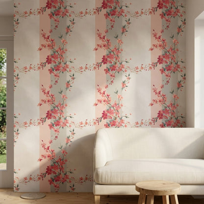 Chinoiserie Blossom Wallpaper Botanical Trellis Soft Stripe