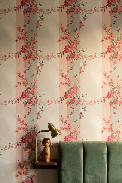 Chinoiserie Blossom Wallpaper Botanical Trellis Soft Stripe