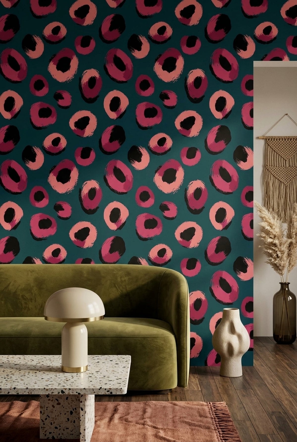 Pink Brushstroke Spot Wallpaper on Deep Teal