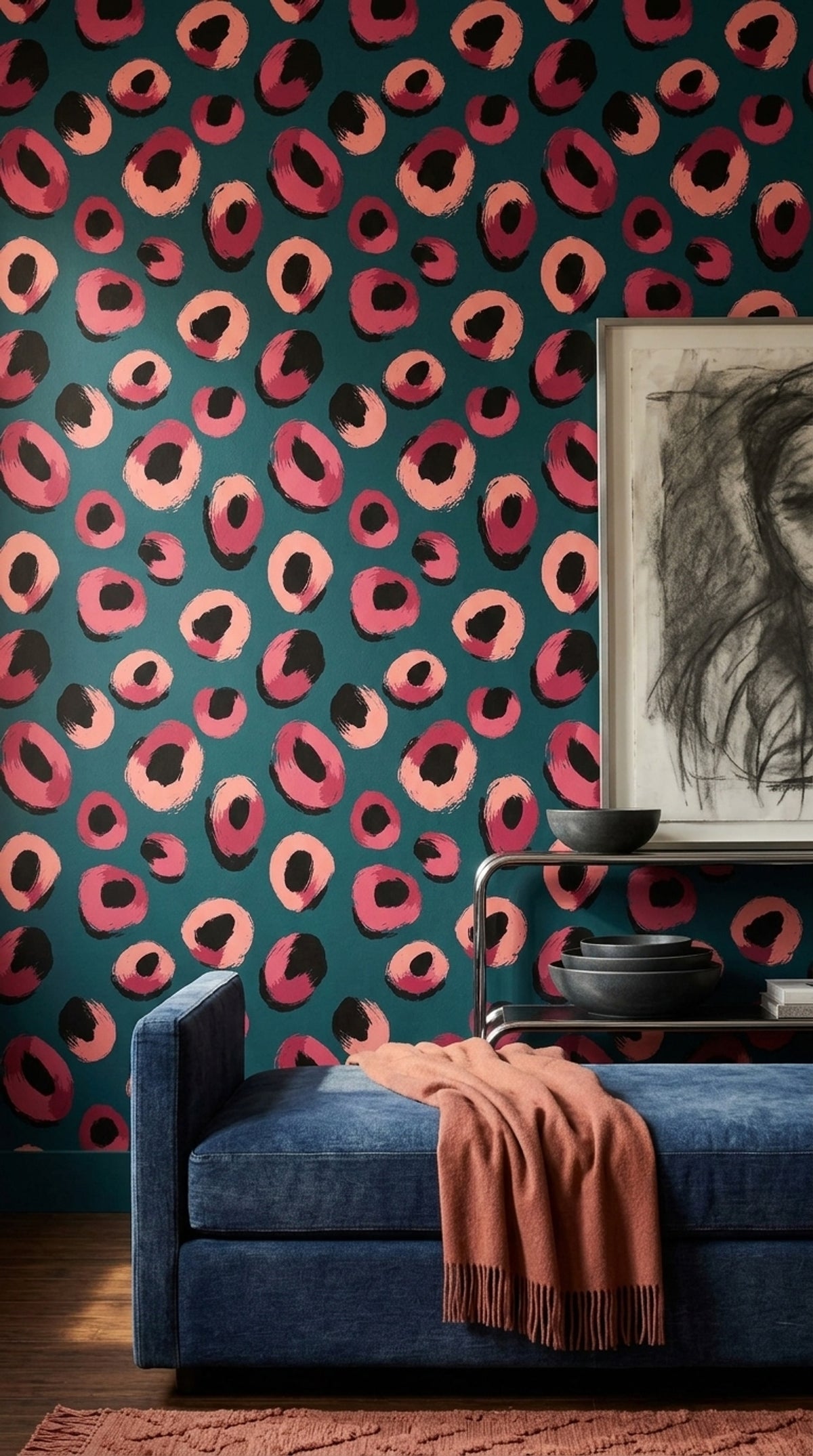 Pink Brushstroke Spot Wallpaper on Deep Teal