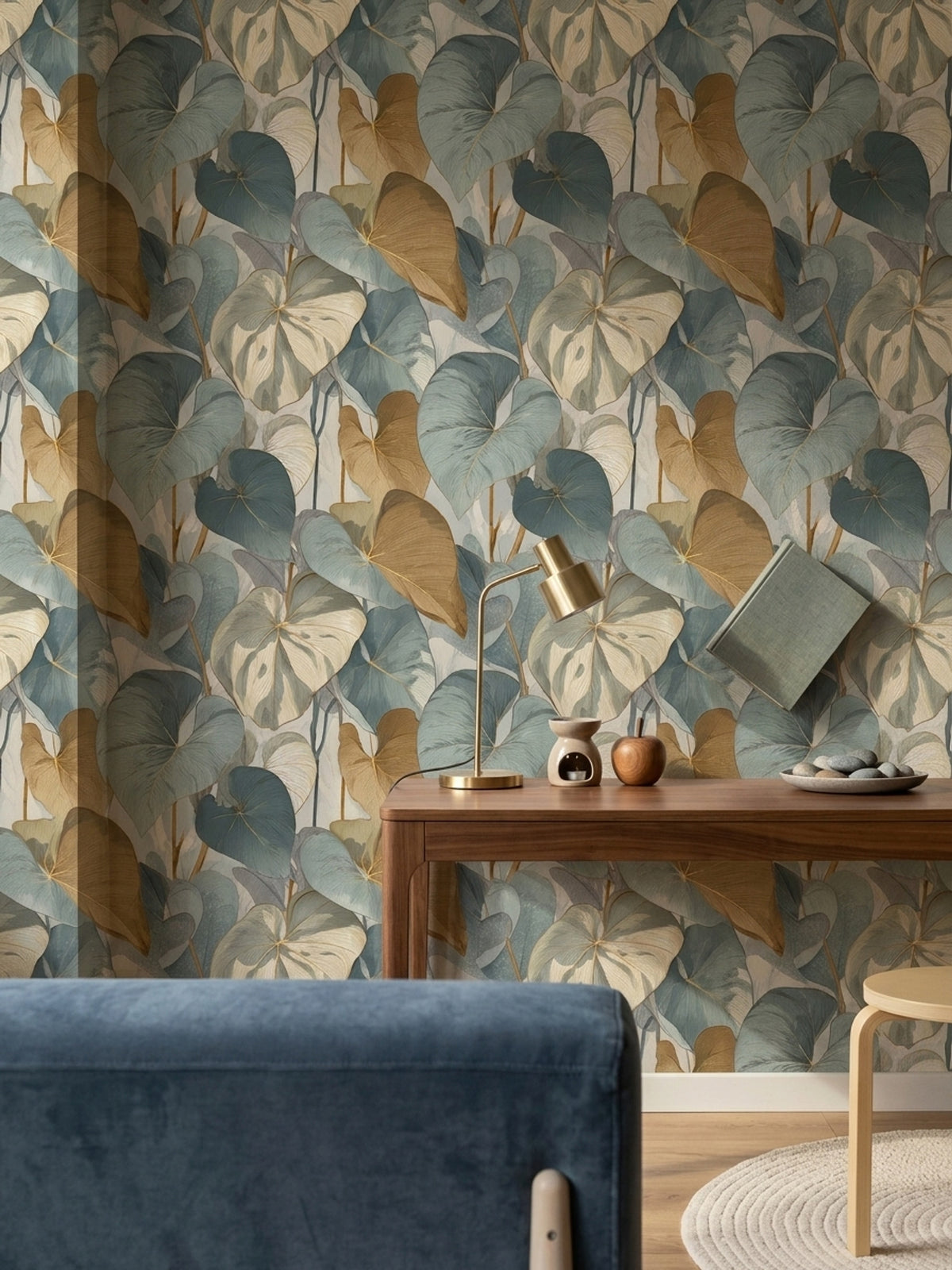 Heart Shaped Leaf Wallpaper in Dusty Teal and Ochre
