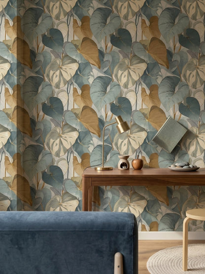 Heart Shaped Leaf Wallpaper in Dusty Teal and Ochre