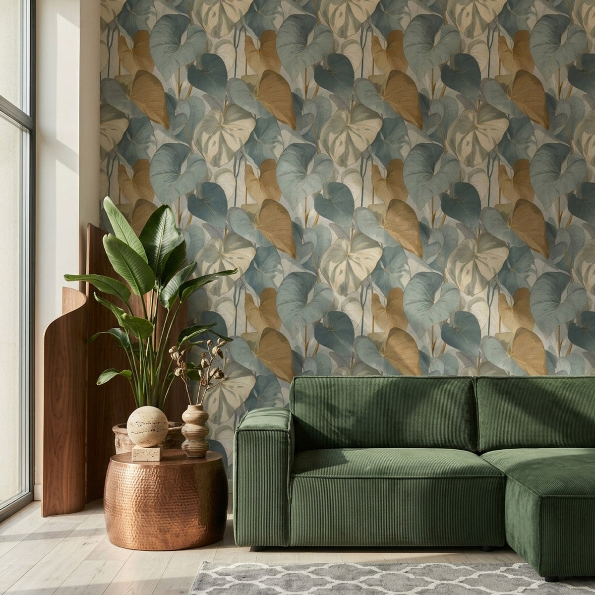 Heart Shaped Leaf Wallpaper in Dusty Teal and Ochre