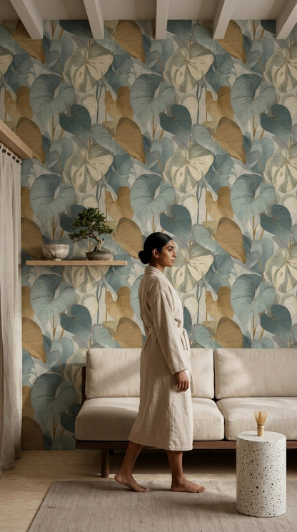 Heart Shaped Leaf Wallpaper in Dusty Teal and Ochre