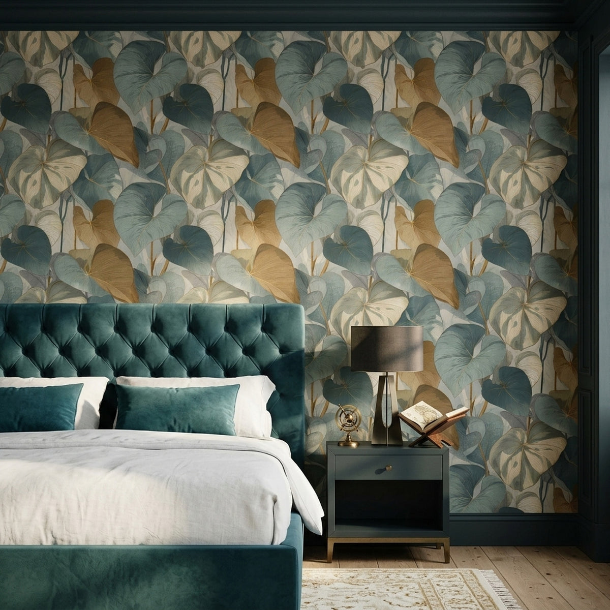 Heart Shaped Leaf Wallpaper in Dusty Teal and Ochre
