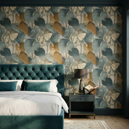 Heart Shaped Leaf Wallpaper in Dusty Teal and Ochre