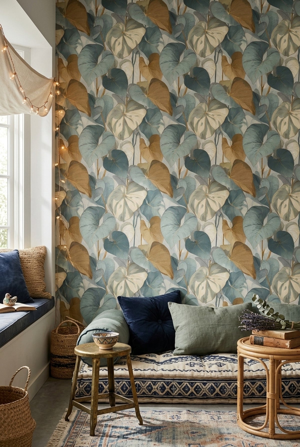 Heart Shaped Leaf Wallpaper in Dusty Teal and Ochre