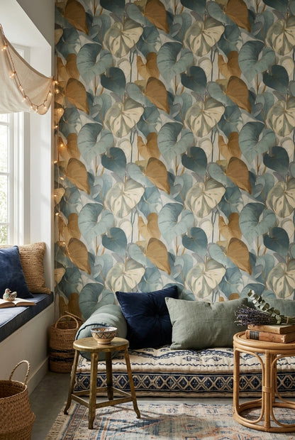 Heart Shaped Leaf Wallpaper in Dusty Teal and Ochre