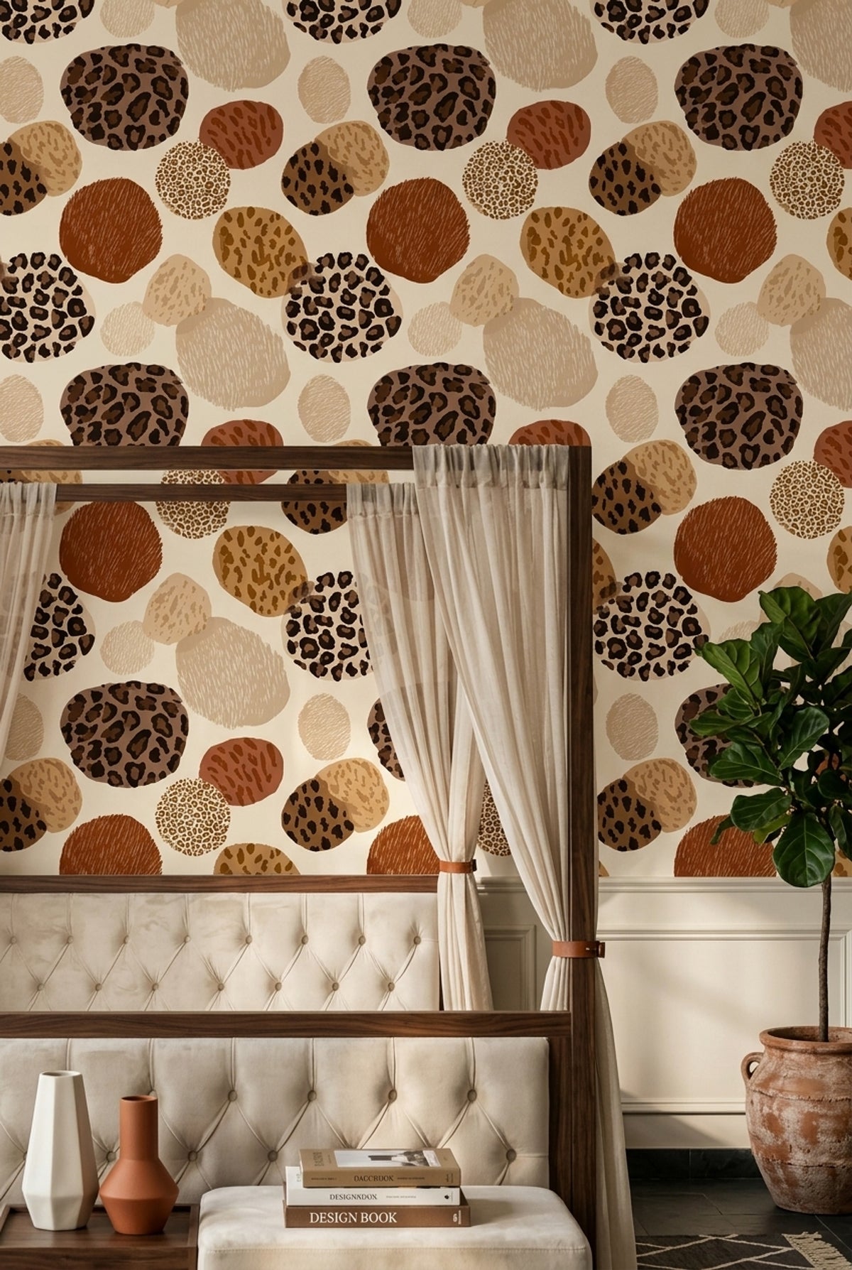 Leopard Print Circle Wallpaper in Terracotta and Caramel