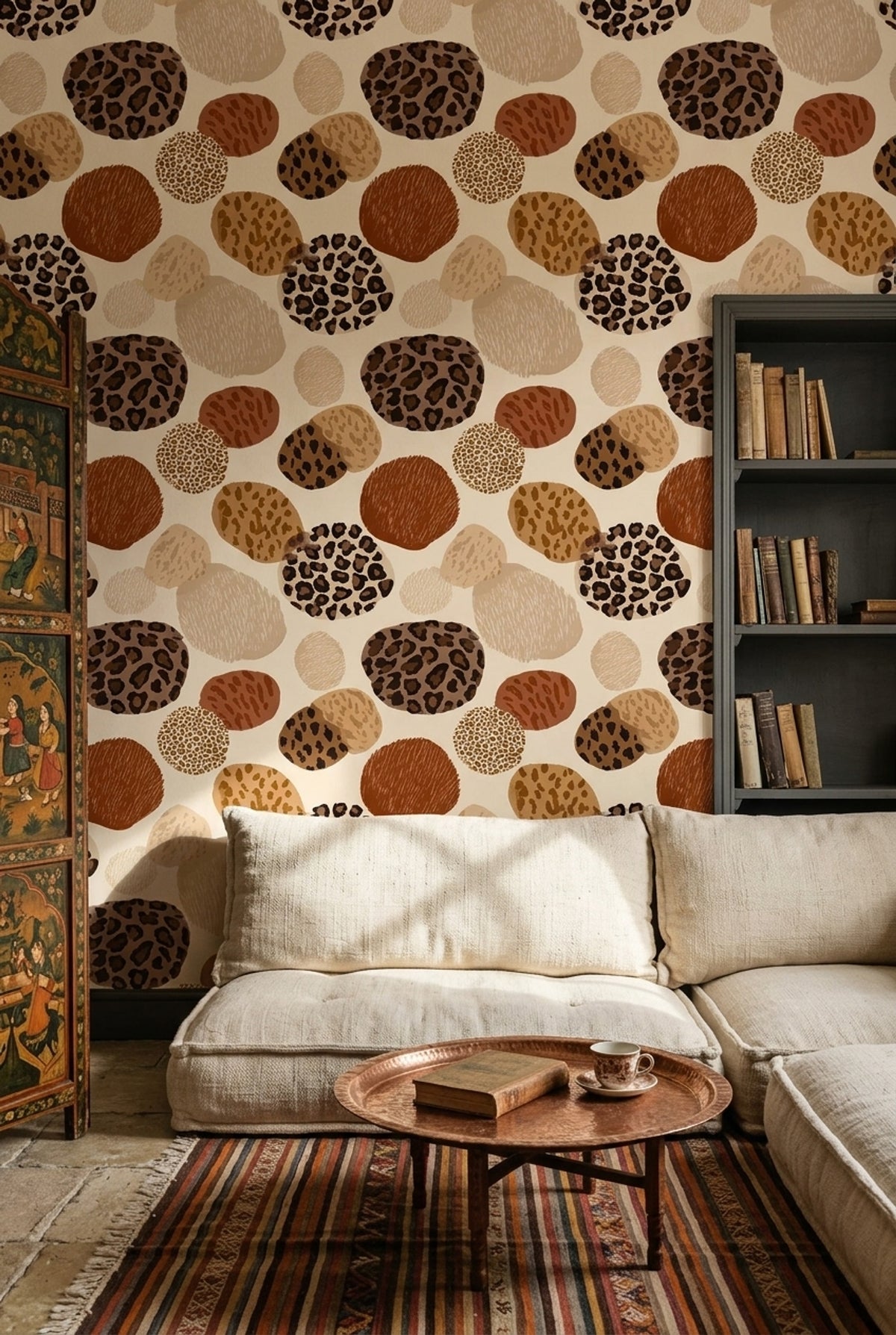 Leopard Print Circle Wallpaper in Terracotta and Caramel