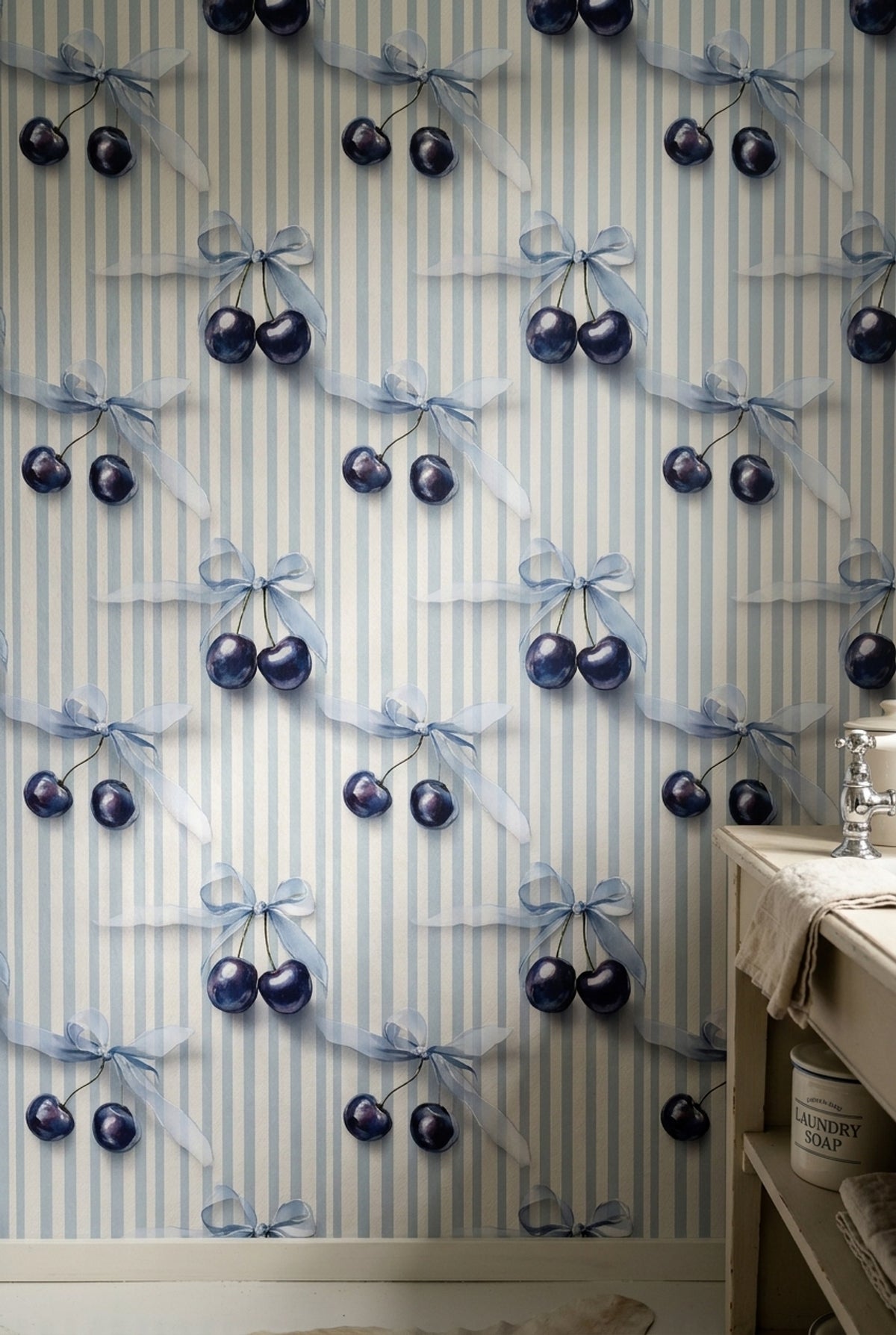Blue Cherry Bow Wallpaper with Delicate Vertical Stripes