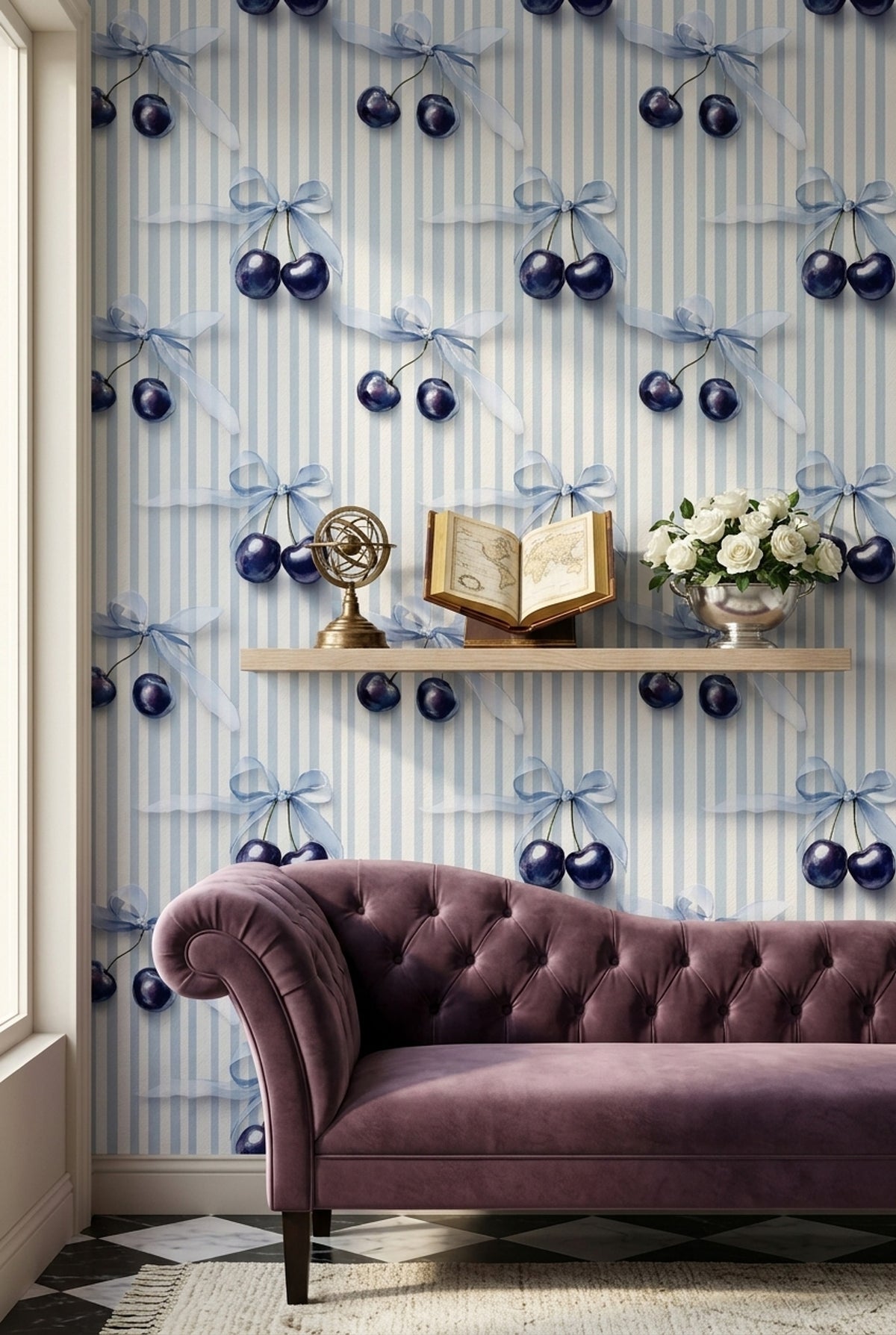Blue Cherry Bow Wallpaper with Delicate Vertical Stripes
