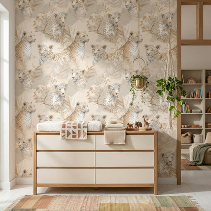 Neutral Leopard Portrait Wallpaper with Botanical Sketches in Warm Beige
