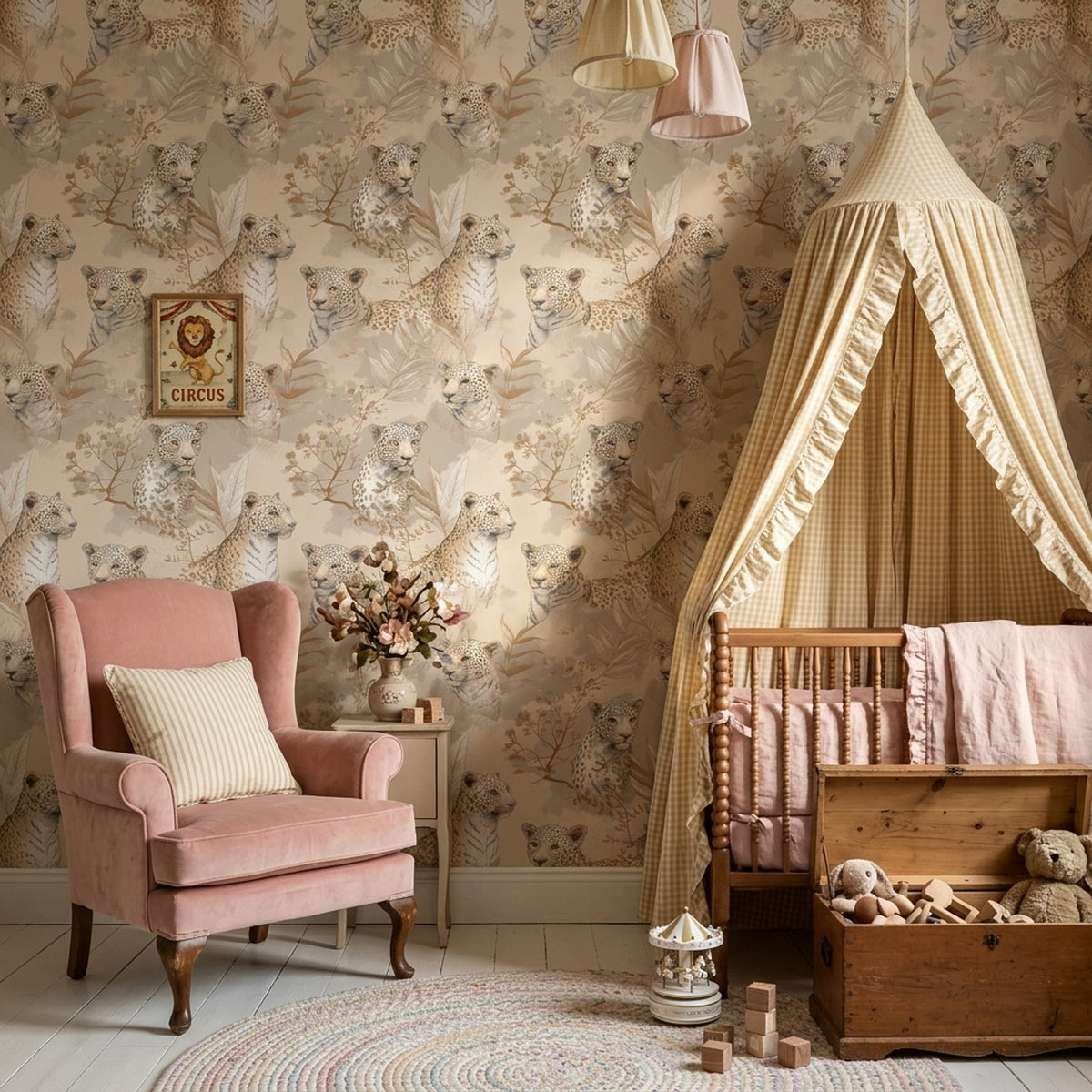 Neutral Leopard Portrait Wallpaper with Botanical Sketches in Warm Beige