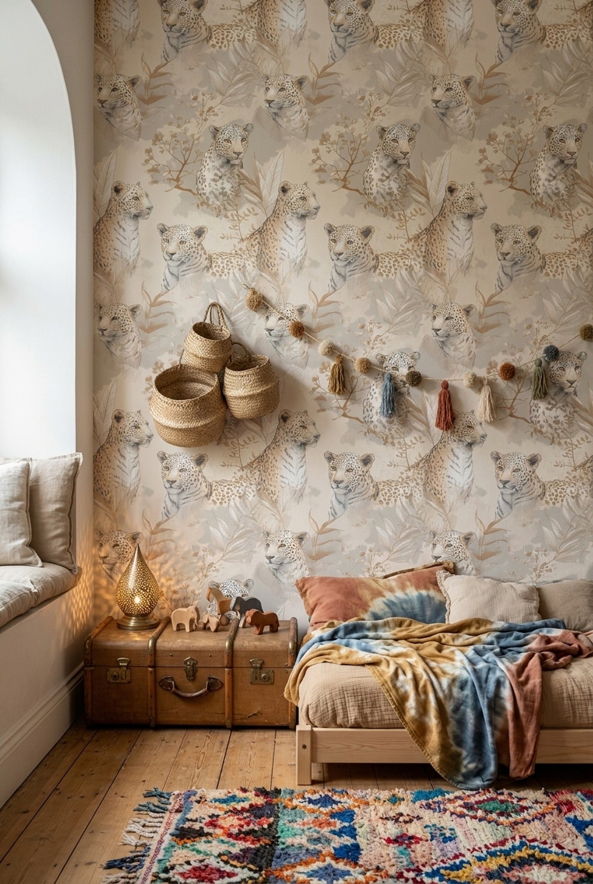 Neutral Leopard Portrait Wallpaper with Botanical Sketches in Warm Beige