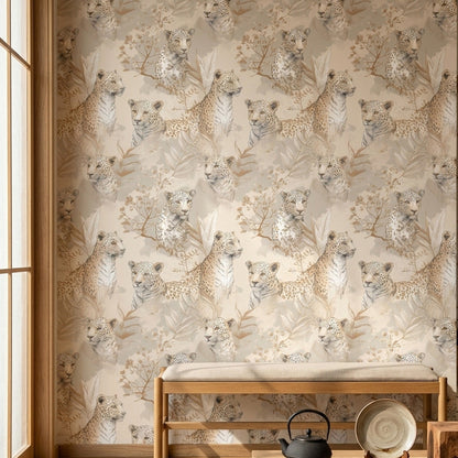 Neutral Leopard Portrait Wallpaper with Botanical Sketches in Warm Beige